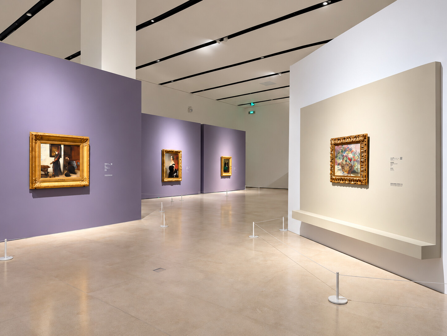 Installation view of The Realm of Masters at Shenzhen International Museum of Art, with gold-framed European paintings displayed on purple and cream gallery walls behind low protective stanchions.