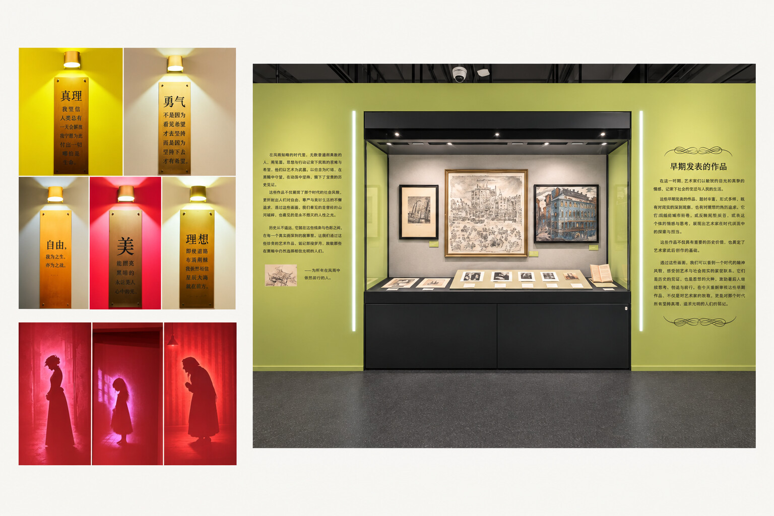 Composite installation view of “Dostoevsky's World: To Stop Reading Is to Stop Thinking,” with illuminated Chinese keyword panels, red silhouette projections, and a green-walled gallery case displaying early publications, illustrations, and books.