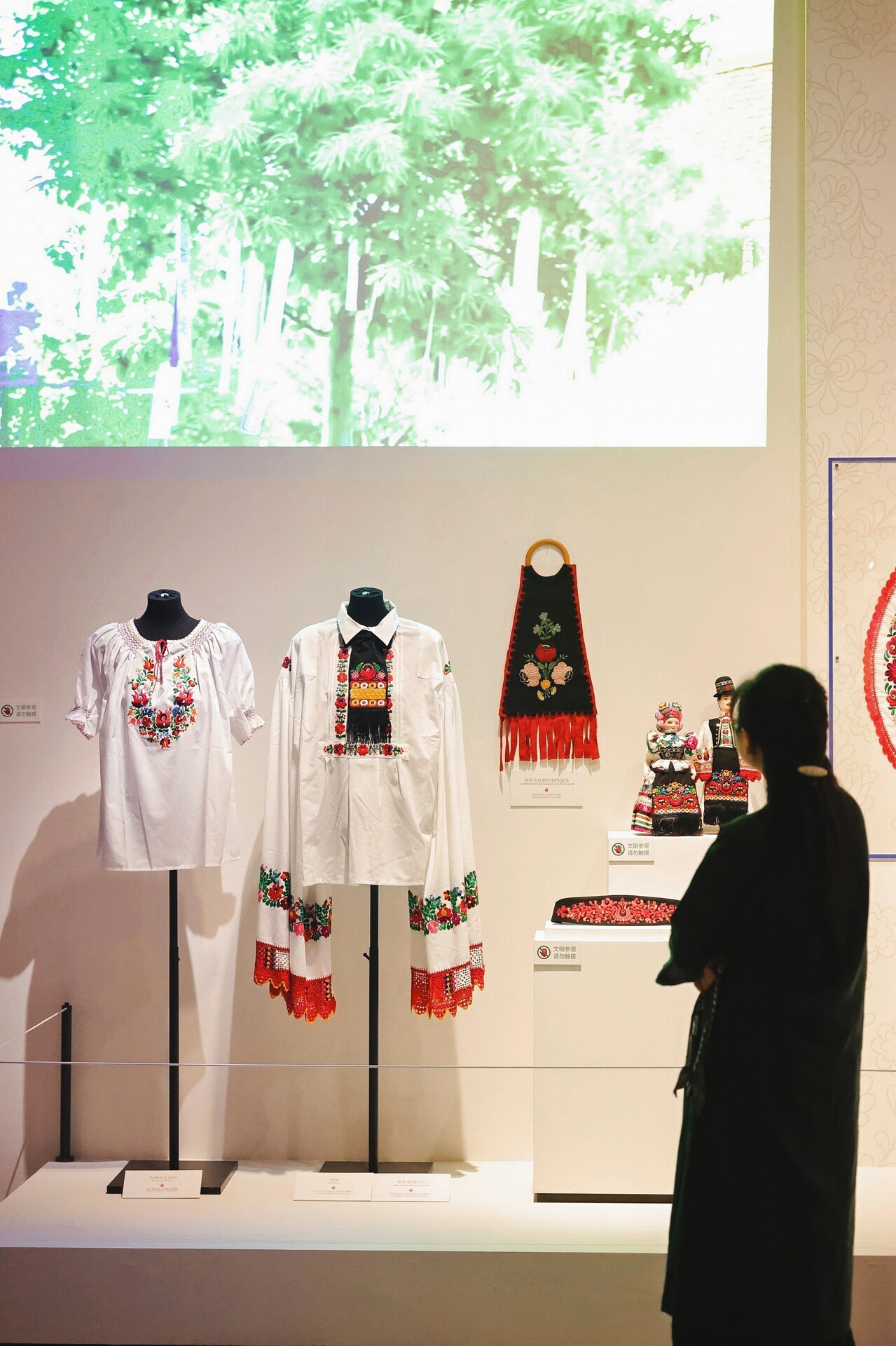 “多瑙河畔的生活之歌：匈牙利非物质文化遗产展”展厅现场，画面中有穿在模特上的匈牙利刺绣服饰、黑红色刺绣挂饰、民俗玩偶和一幅绿色树木投影，前景可见观众剪影。